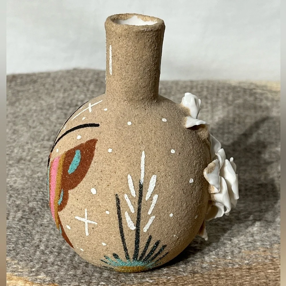 Native American Bud Vase Textured Sand Glaze Sculptured Flowers Butterfly Signed
